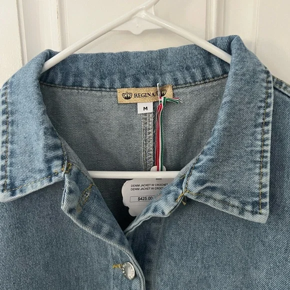 NWT Regina Denim Jacket with Crochet Sleeves
